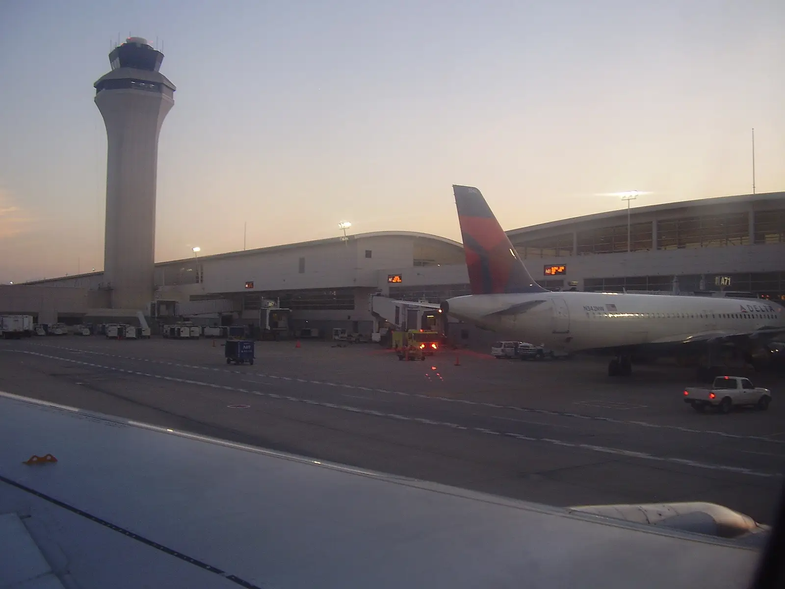 The McNamara Terminal and control tower at Detroit Metropolitan Airport at dusk
