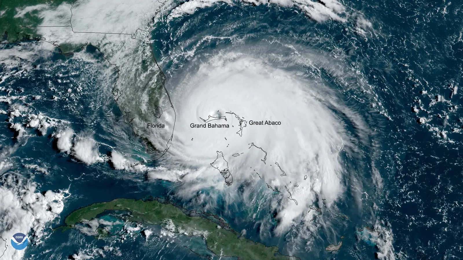 Satellite image of Hurricane Dorian over the Bahamas in September 2019