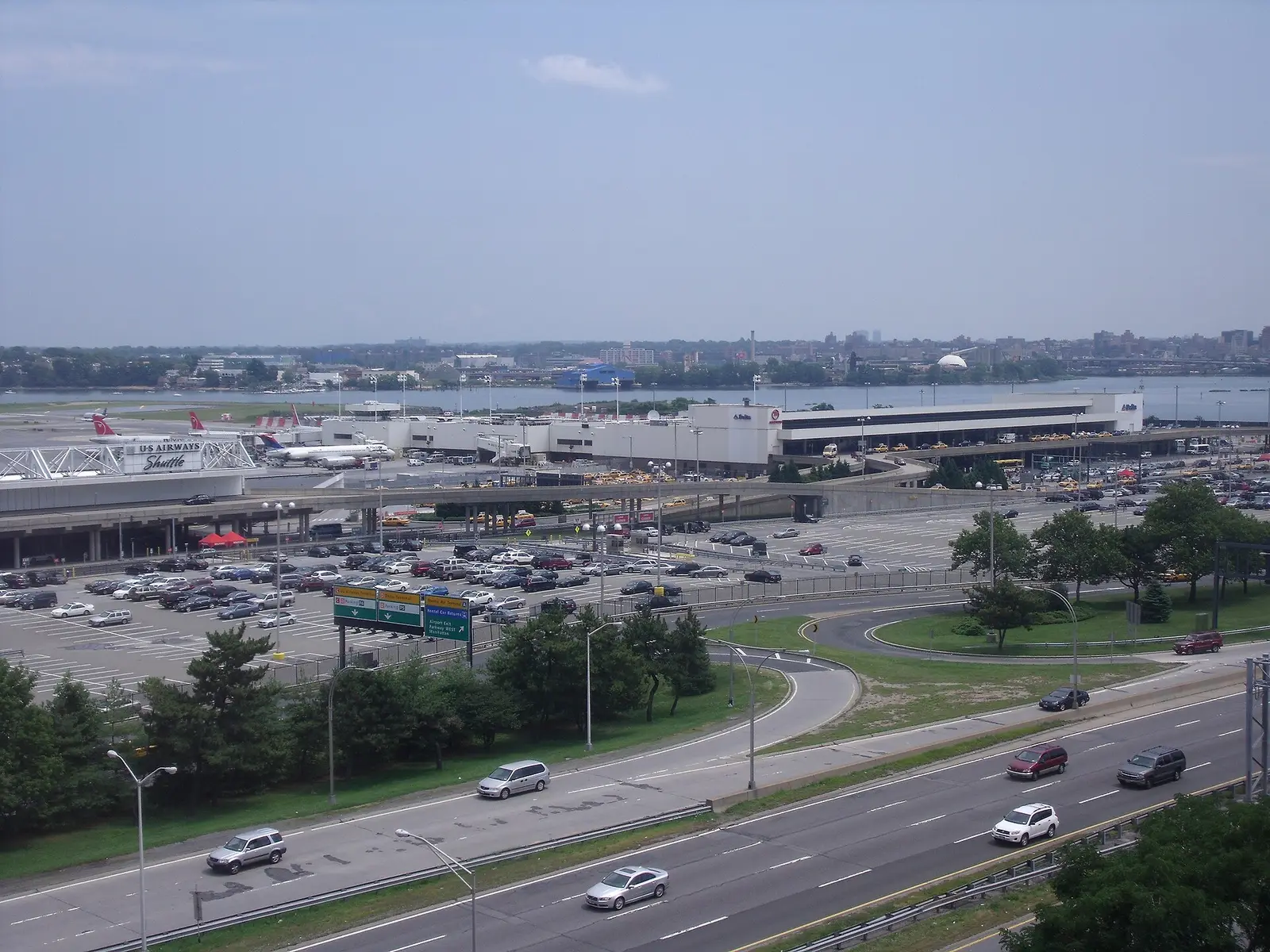 Terminal buildings and parked aircraft at LaGuardia Airport, New York