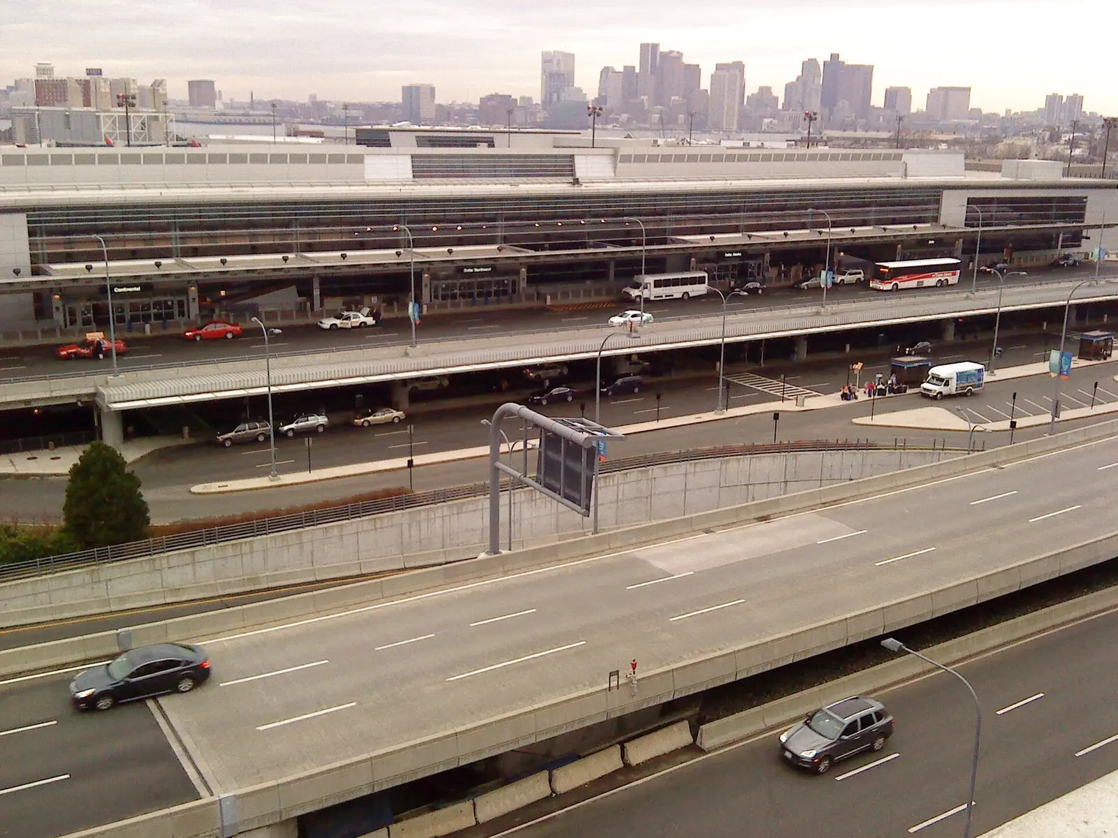 Terminal A at Boston Logan International Airport with the city skyline behind