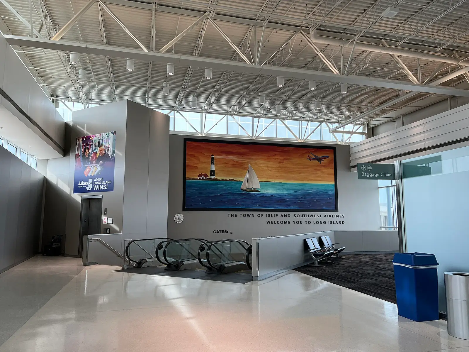Travellers inside the terminal at Long Island MacArthur Airport