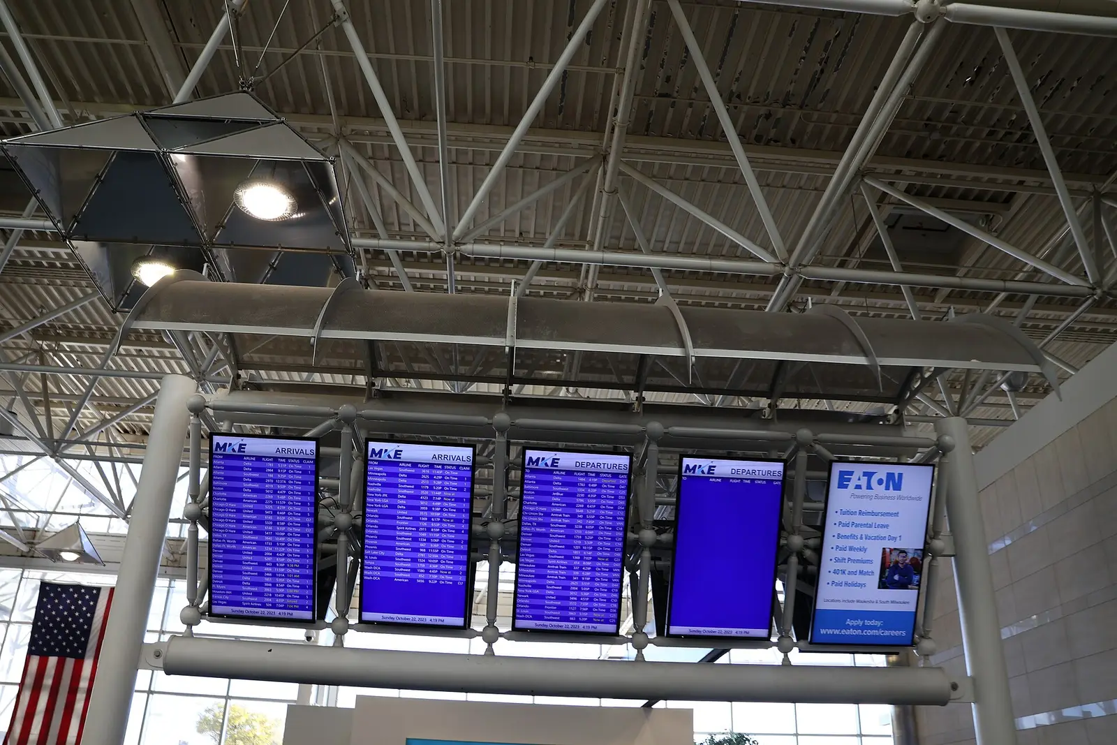 Flight information screens in the main terminal at Milwaukee Mitchell International Airport