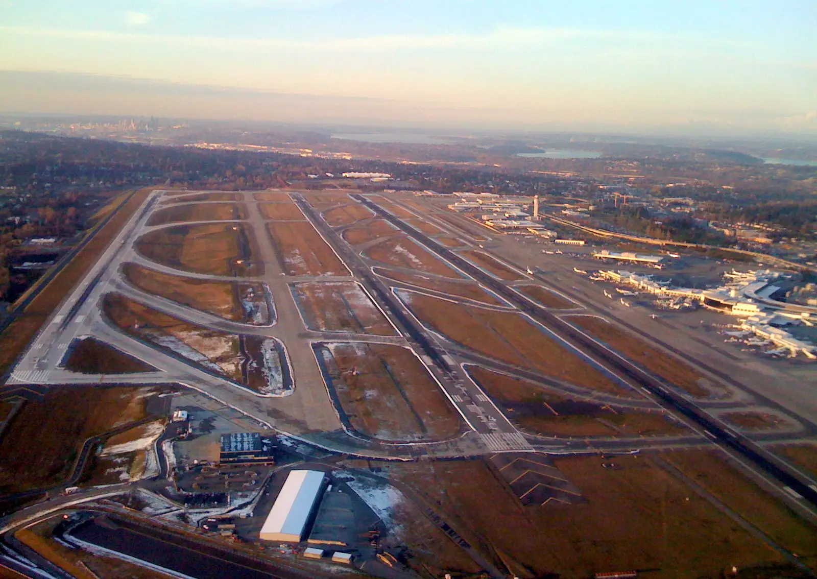 Aerial view of the runways at Seattle-Tacoma International Airport